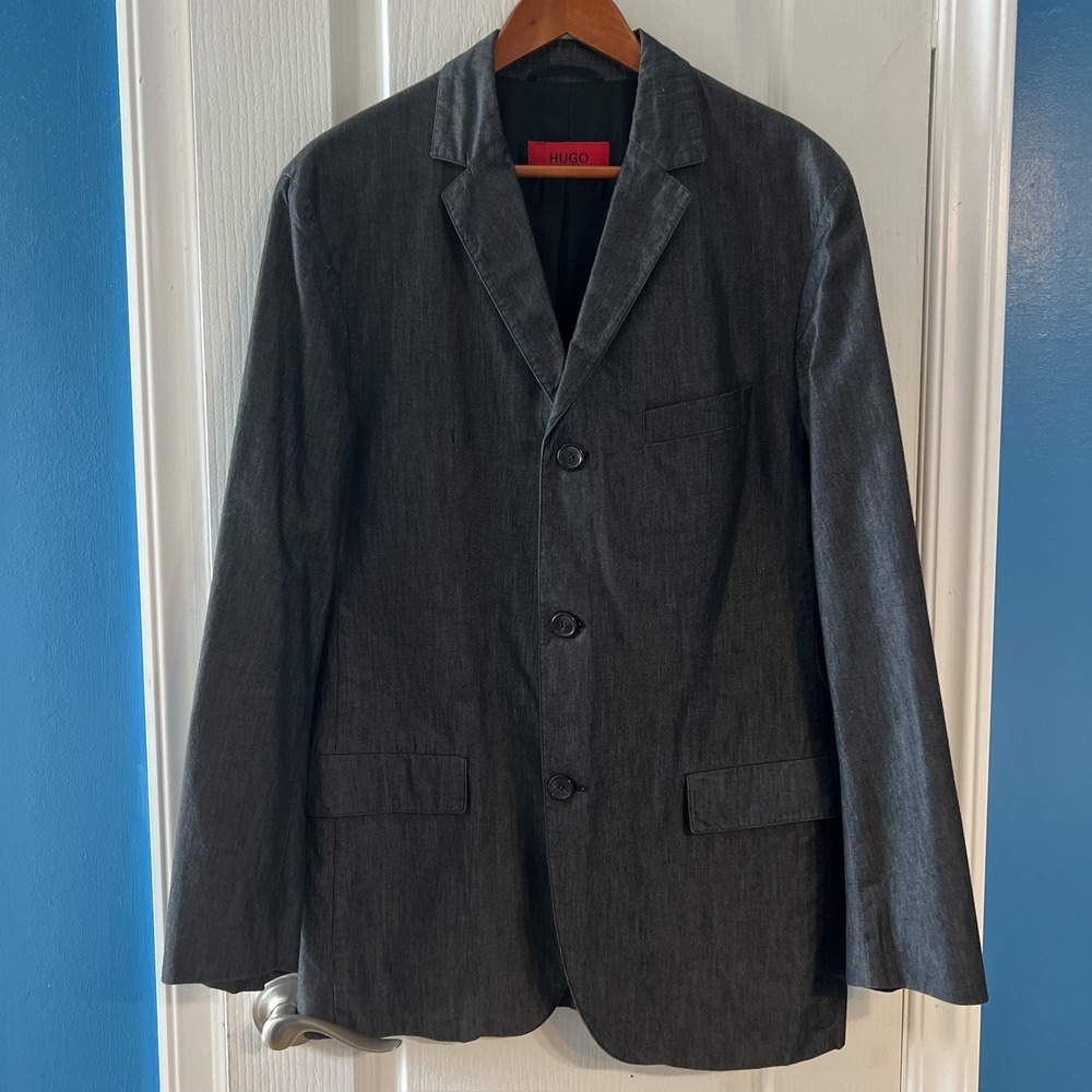 Hugo Hugo Boss Mens Gray Denim Blazer Sport Coat Jacket 3 Button Pocket Accent